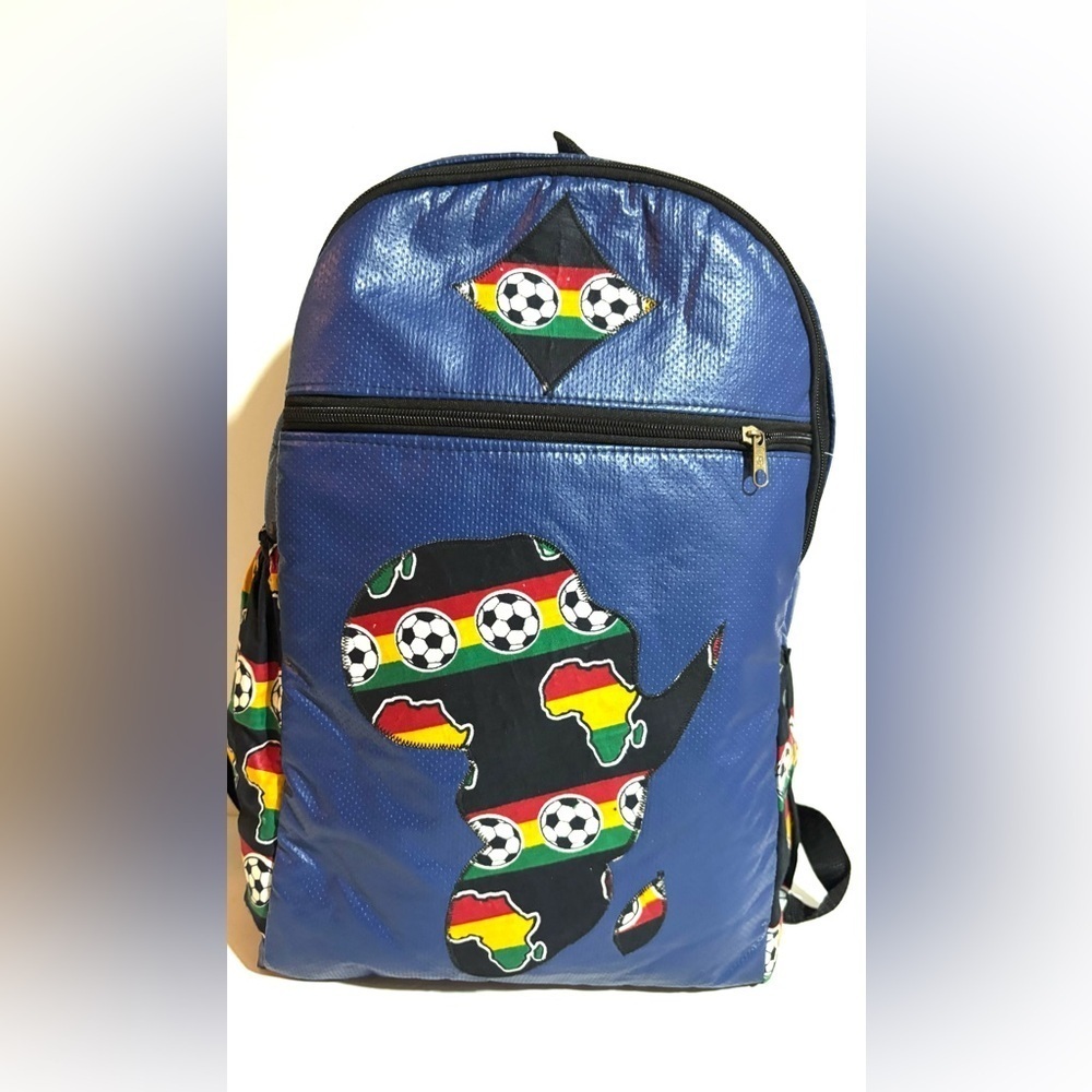 Handmade Blue Soccer Themed African ankara vinyl  unisex  geometric backpack